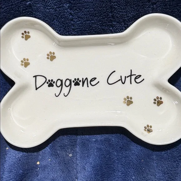 Doggone Cute Bone-Shaped Ceramic Dish - White with Gold Paw Prints - Picture 2 of 6